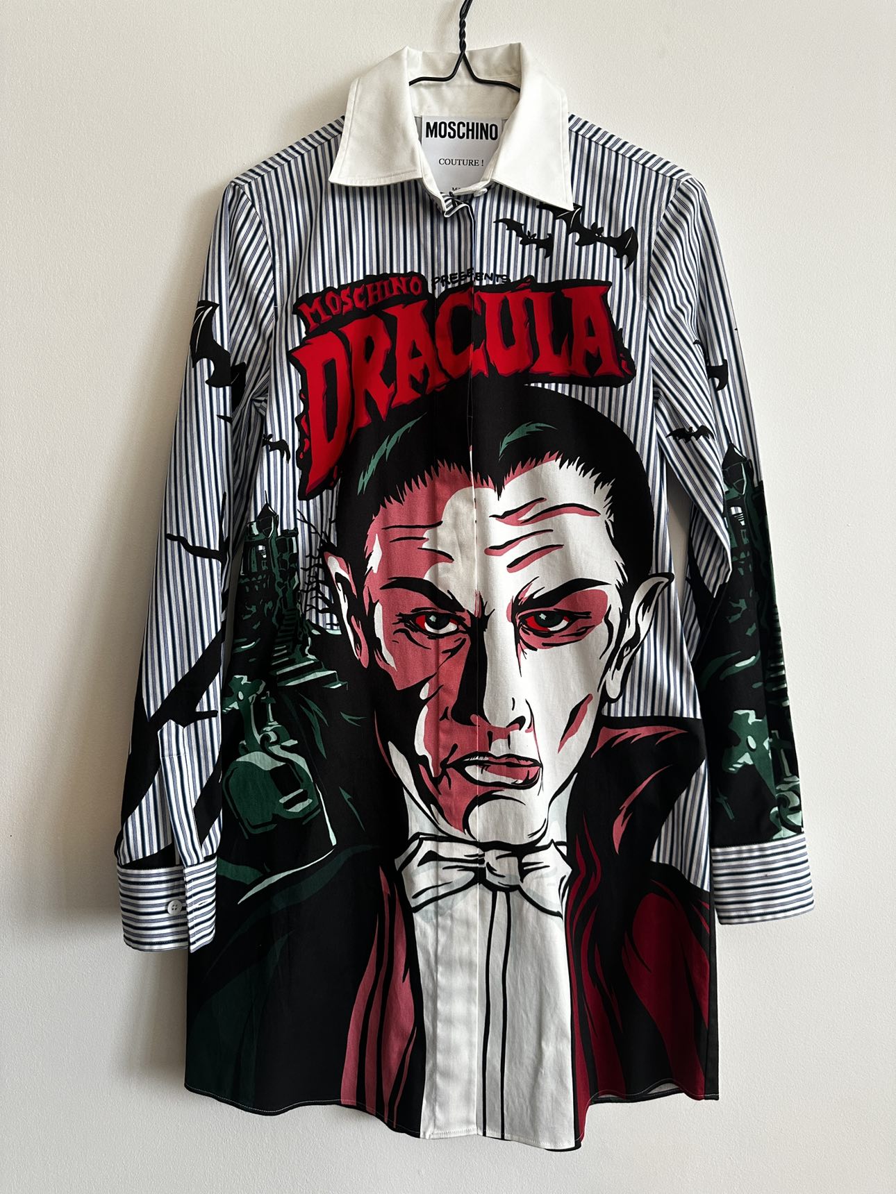 MOSCHINO x Universal striped dress featuring a Dracula print