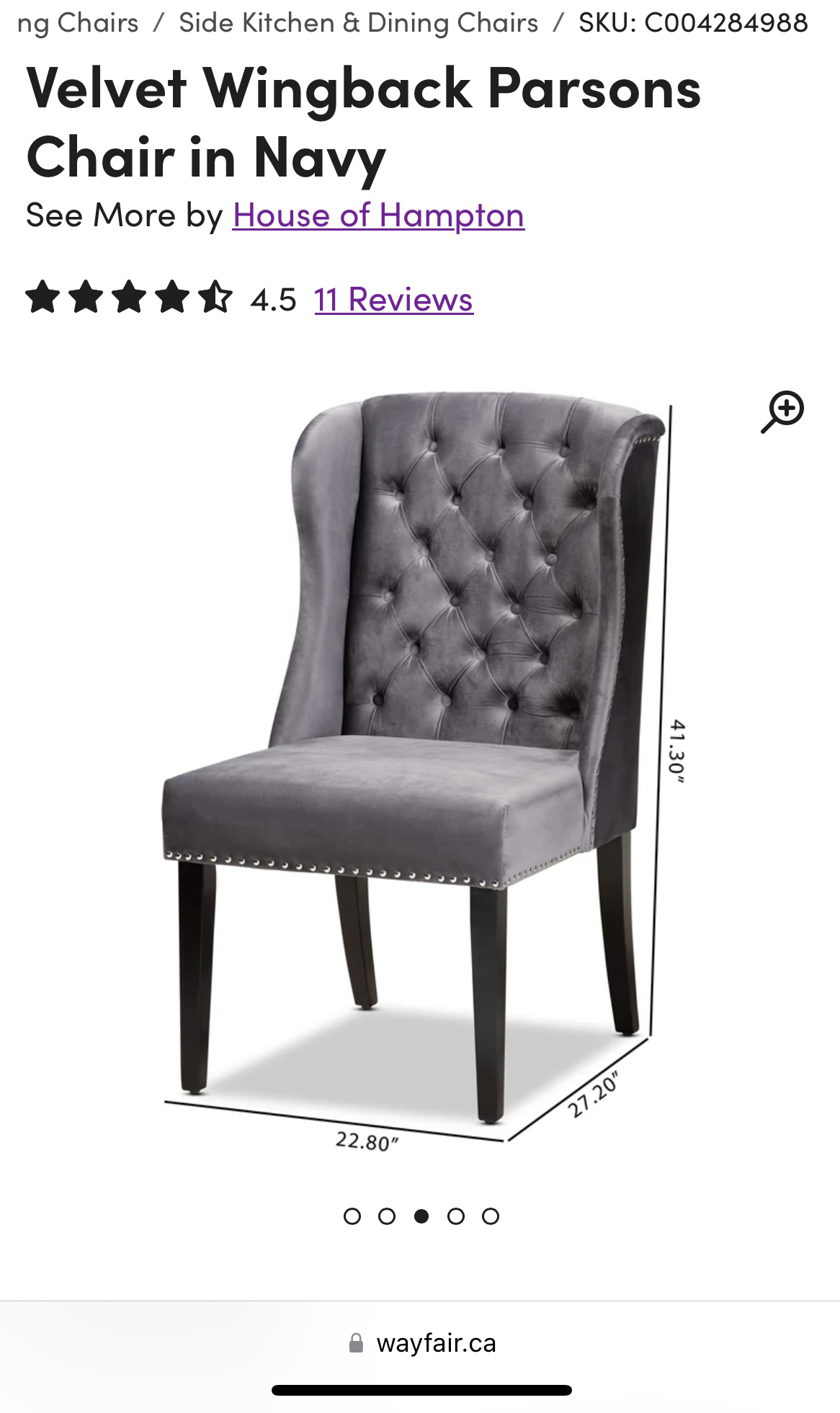 Brand New GREY Velvet Wingback Dining Accent Chair 2 available image indicator(2)