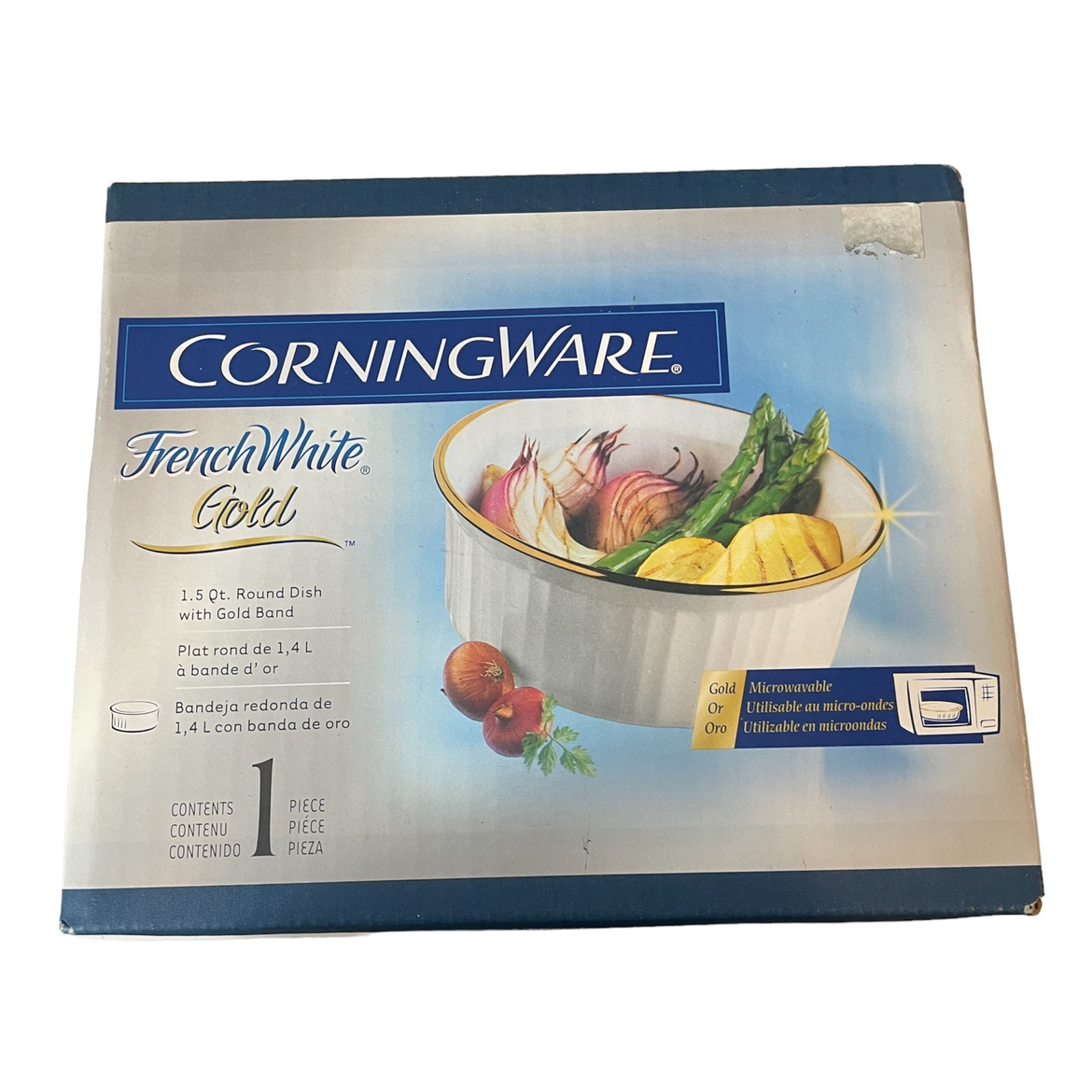 CorningWare French White 1.5 Qt Round Dish with Gold Band thumbnail