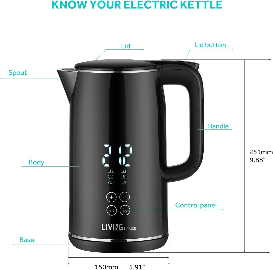 Digital Electric Kettle with Temperature Control, 1.7L, 1500W