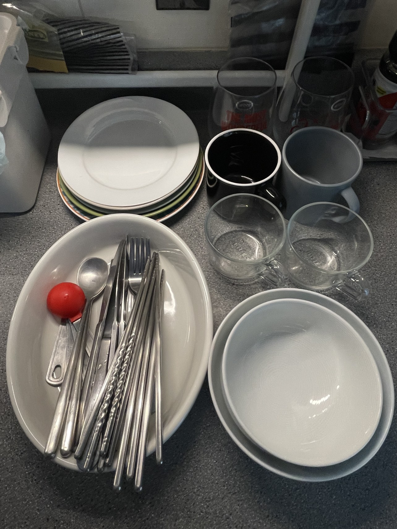 Dishes, Cups, Wine glasses, ice cubes, utensils
