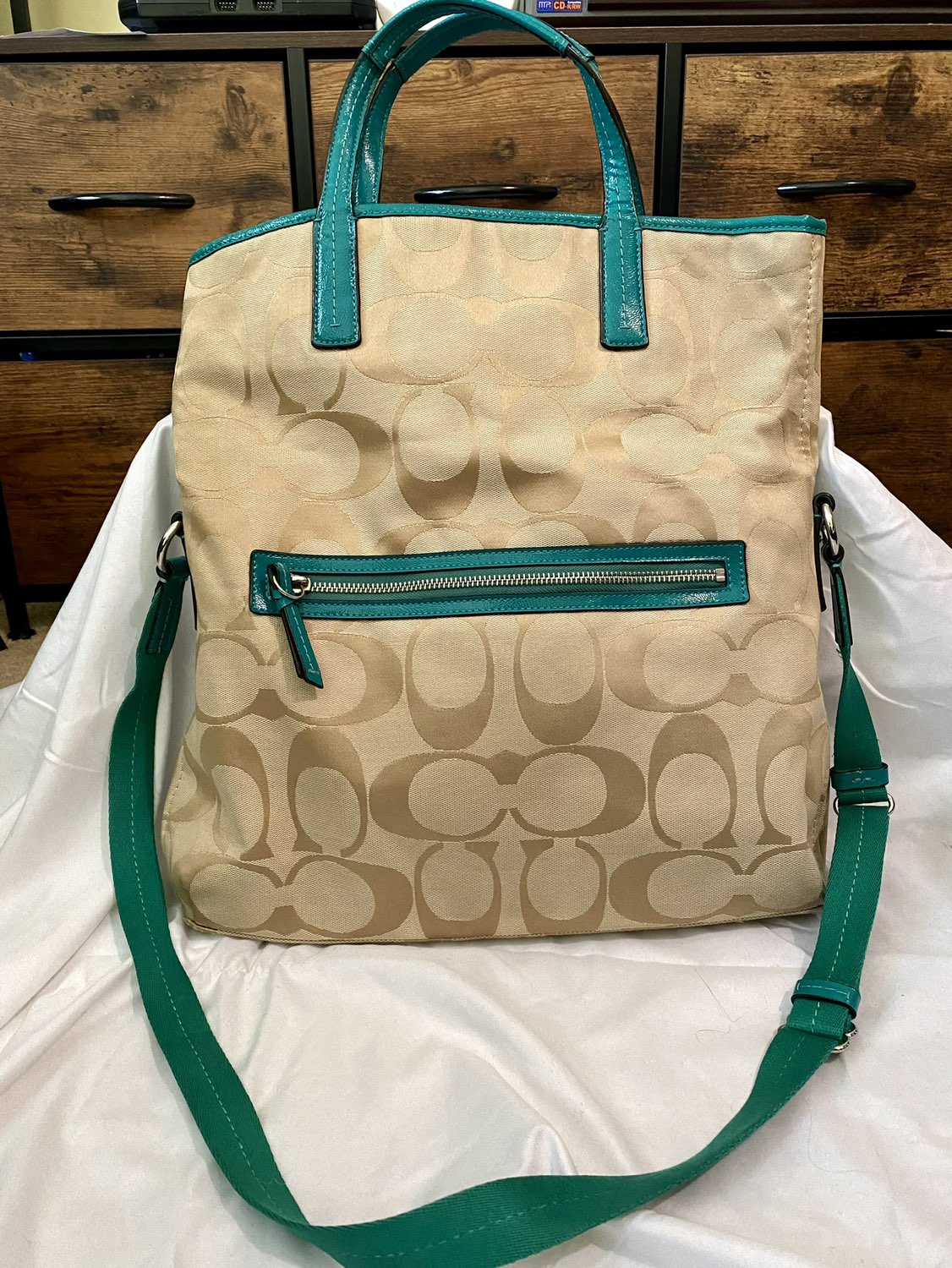 COACH Signature Stripe Foldover Tote - Khaki & Green - photo 2