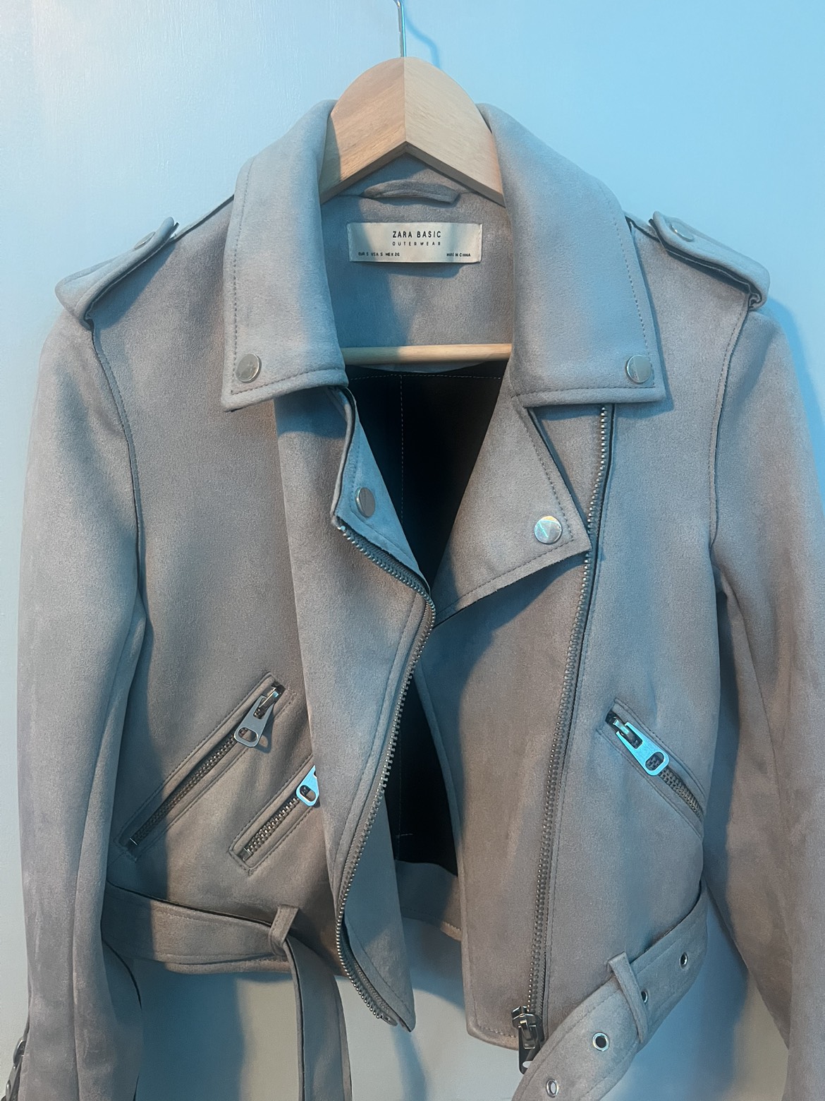 light blue faux suede texture moto style jacket image indicator(7)