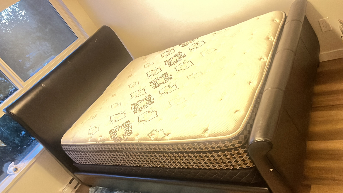 Neatly used queen size bed frame with mattress