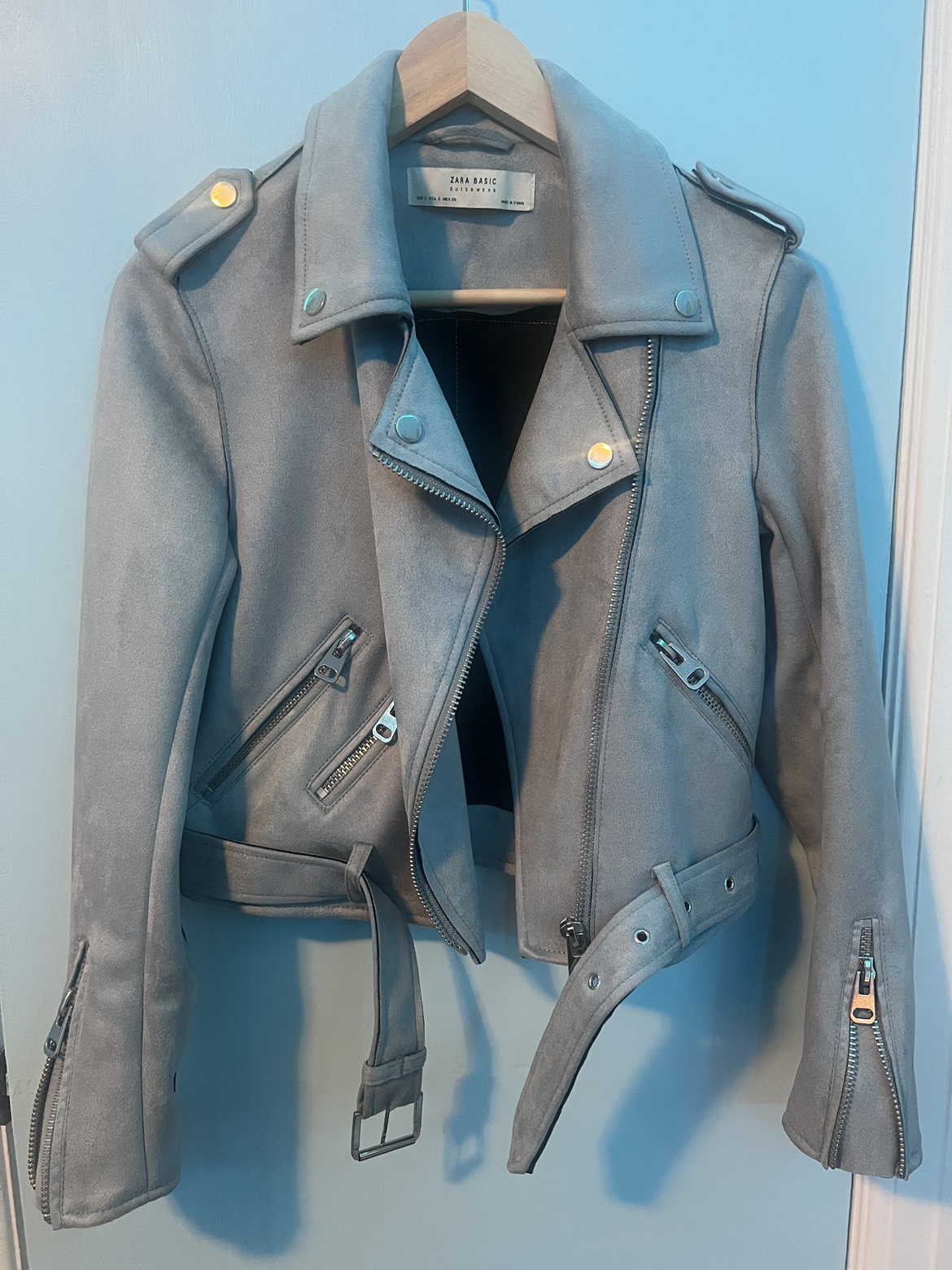 light blue faux suede texture moto style jacket image indicator(2)