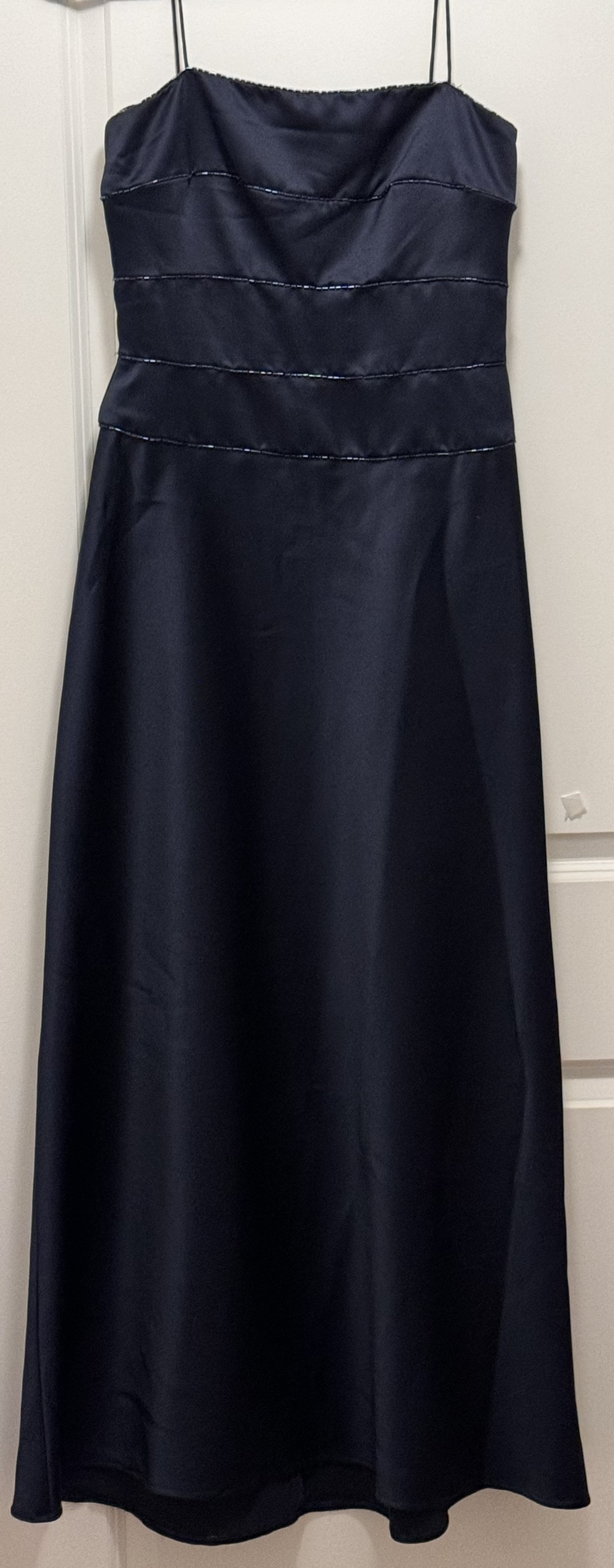 Navy Sateen evening dress with navy beaded embellishment
