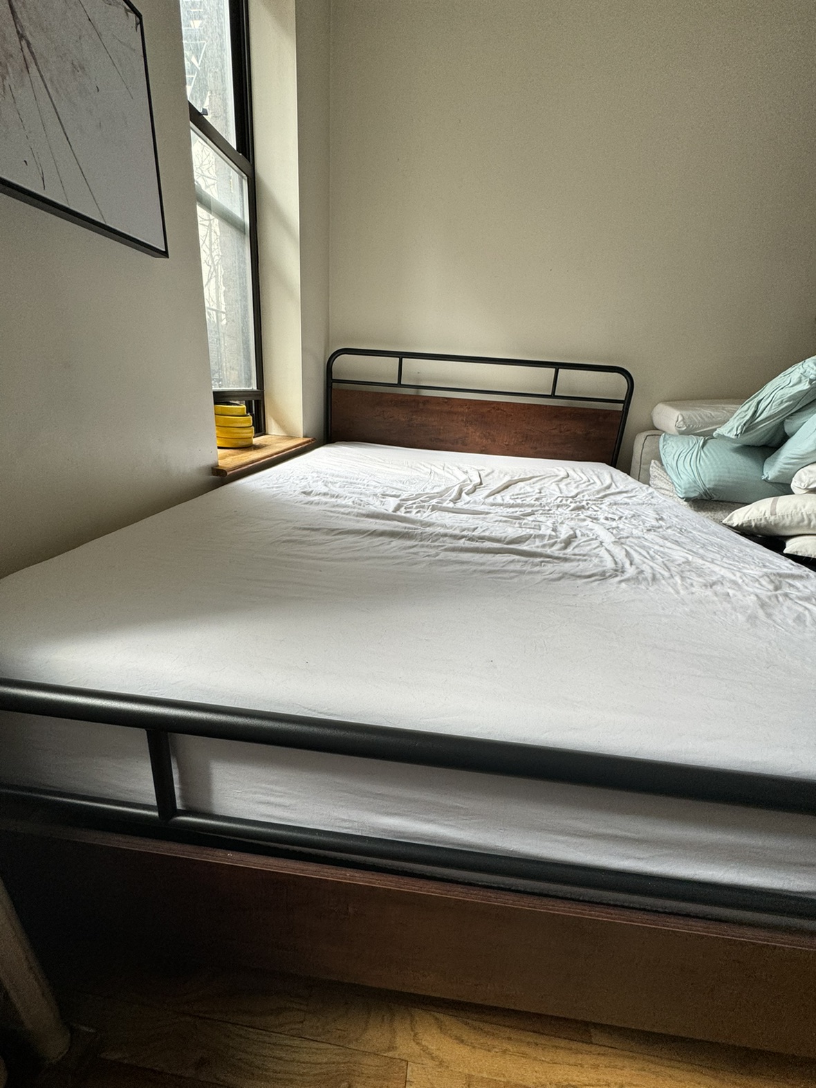 Queen black metal and wood bed (FRAME ONLY)