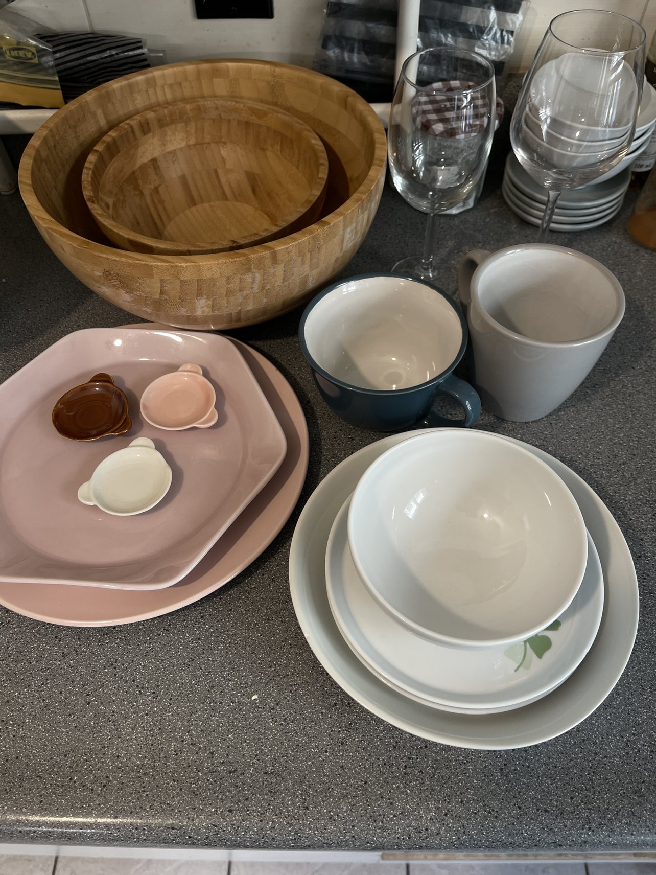 Plates, cups, and wine glasses