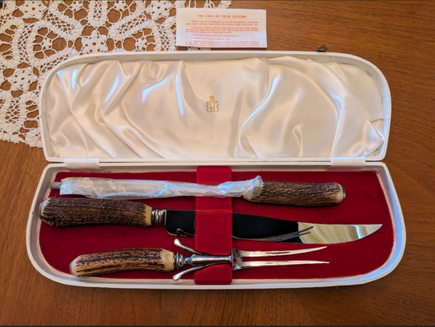 Birks 3 Piece Sheffield Stag Handled Carving Set Antique