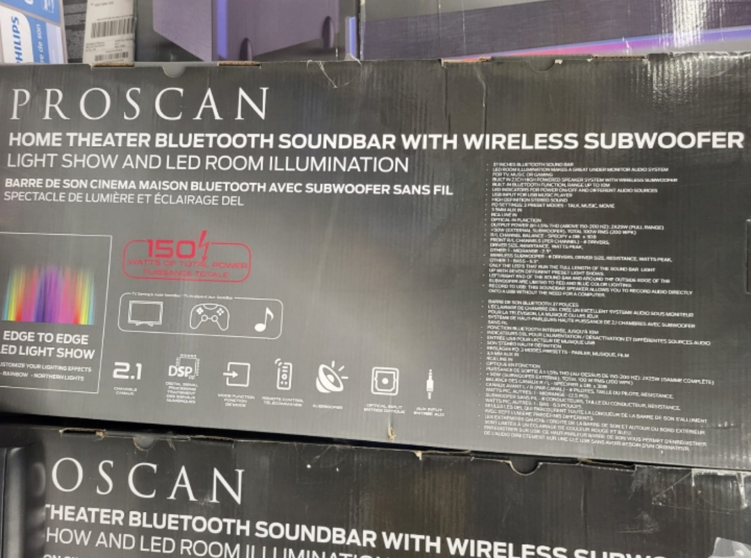 PROSCAN HOME THEATER BLUETOOTH SOUND BAR WITH WIRELESS SUBWOOFER