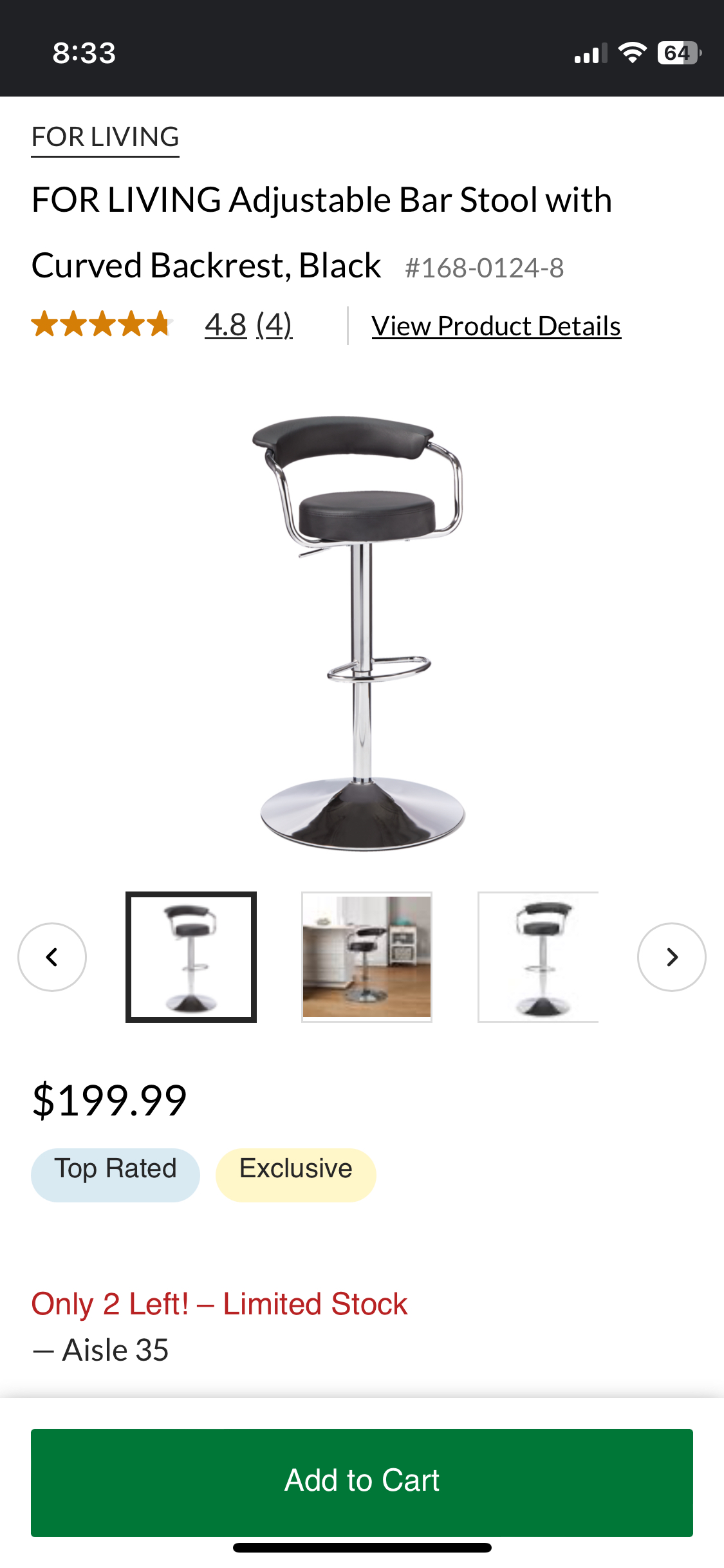 Adjustable Bar Stool with Curved Backrest, Black - photo 2