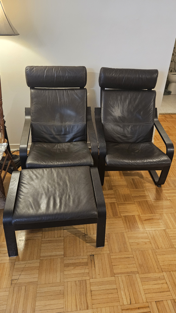 2 Ikea leather arm chairs and 1 footstool (POÄNG)