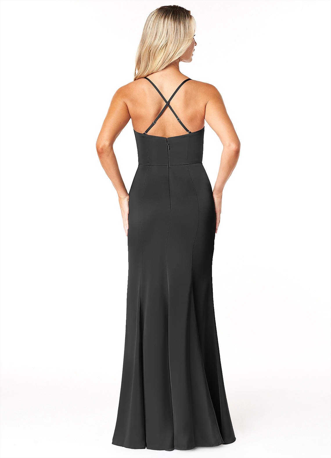 Black High Slit Elegant Pleated Stretch Satin Floor-Length Dress image indicator(2)