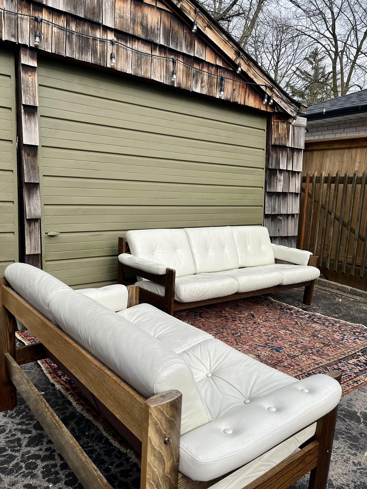 Leather oak frame vintage MCM sofa set by Ekornes thumbnail