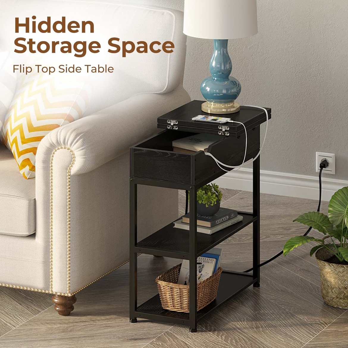 New Flip Top Side Table w/ Shelf, USB Ports & Power Outlets image indicator(7)