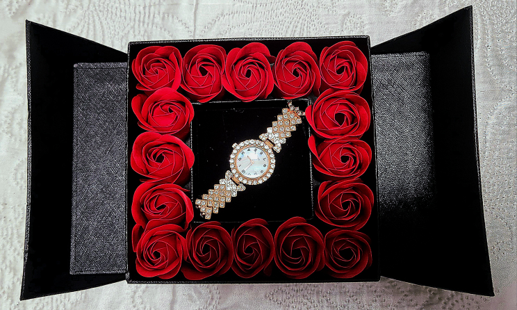 Rhinestone Watch with Fake Red Roses Gift Box