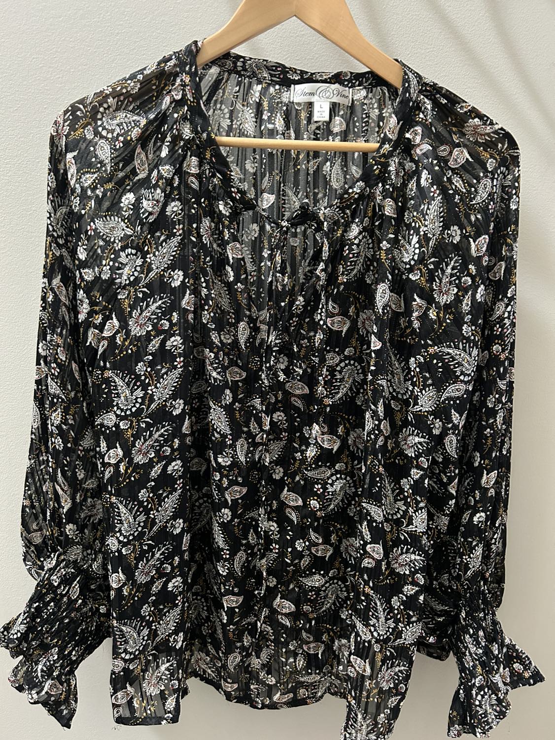 Black silk floral blouse size L thumbnail