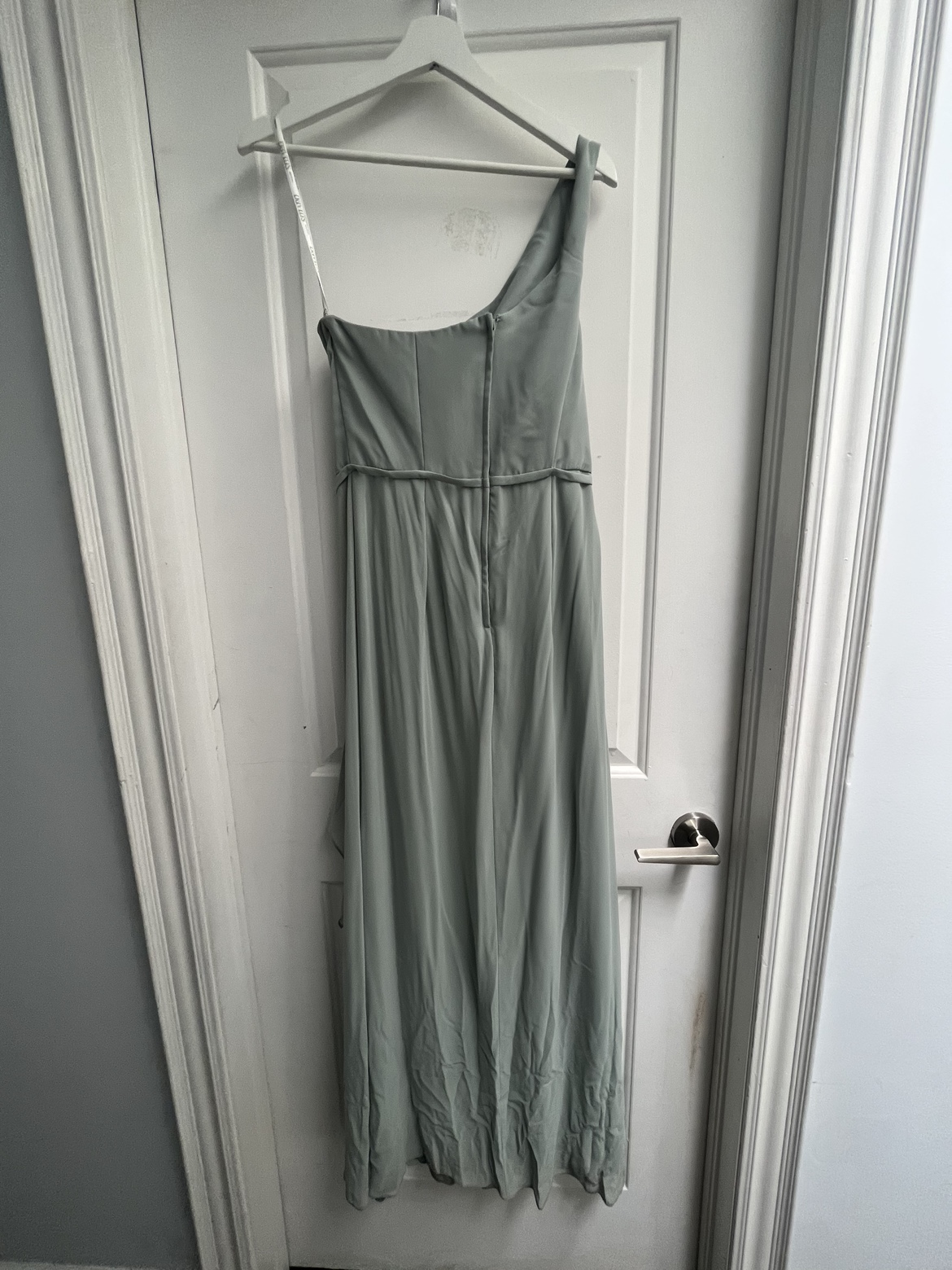 Sage, green, one shoulder, long dress with slit image indicator(2)