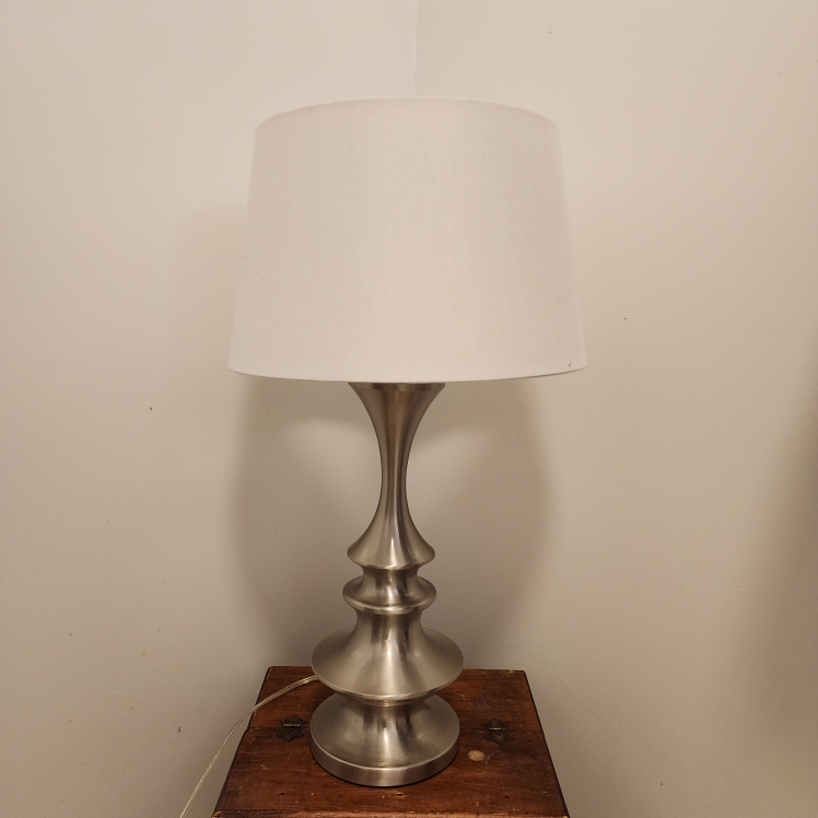 STAINLESS STEEL TABLE LAMP WITH WHITE SHADE  EUC - photo 2