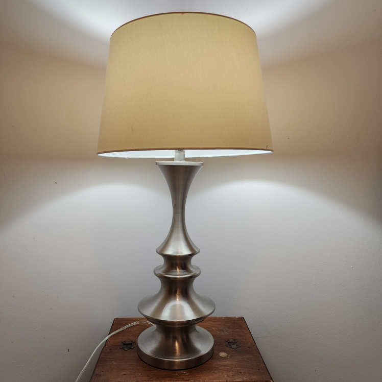 STAINLESS STEEL TABLE LAMP WITH WHITE SHADE  EUC