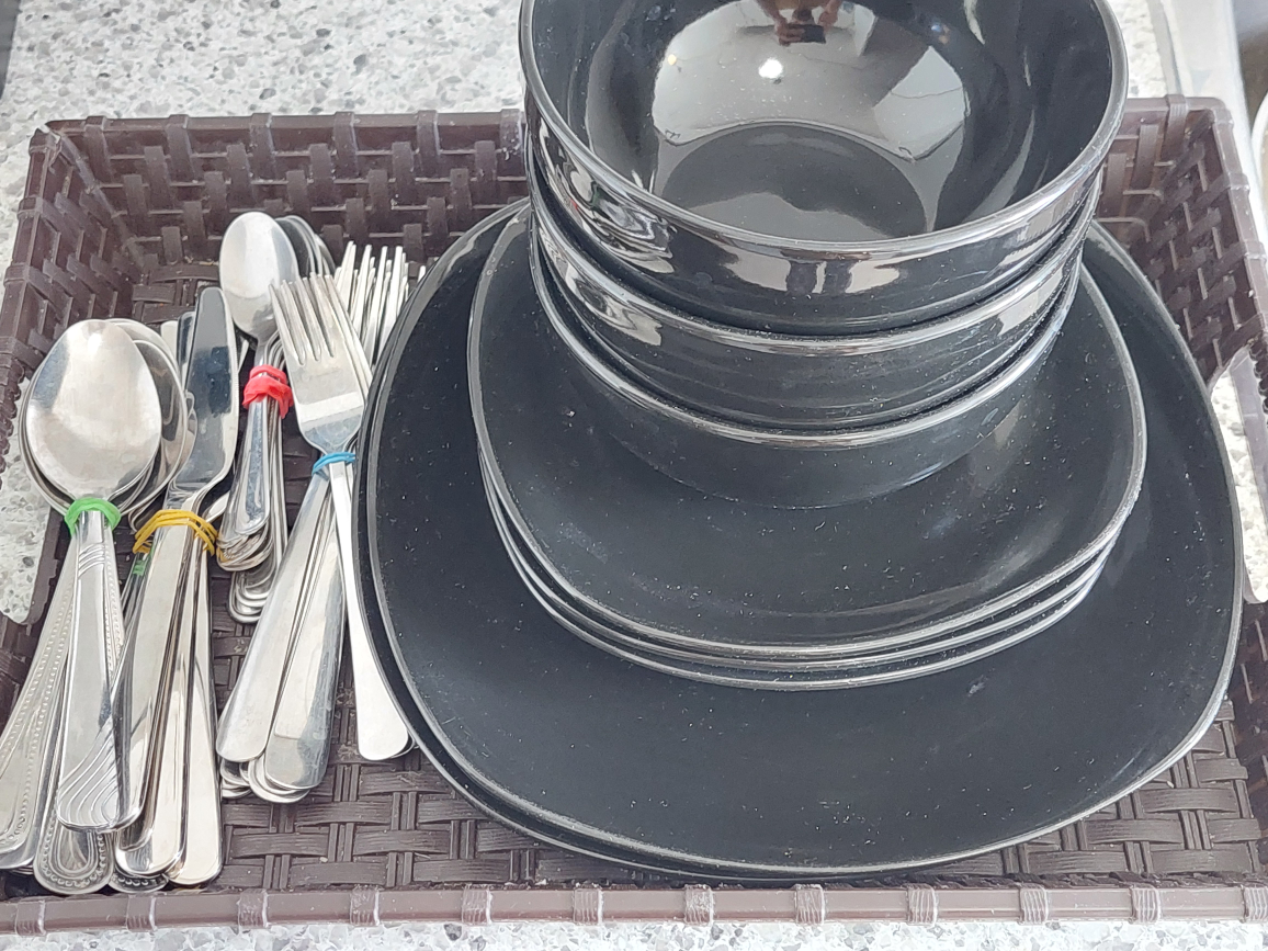 Kitchenware - bowls, plates, spoons, forks, knives, pan thumbnail