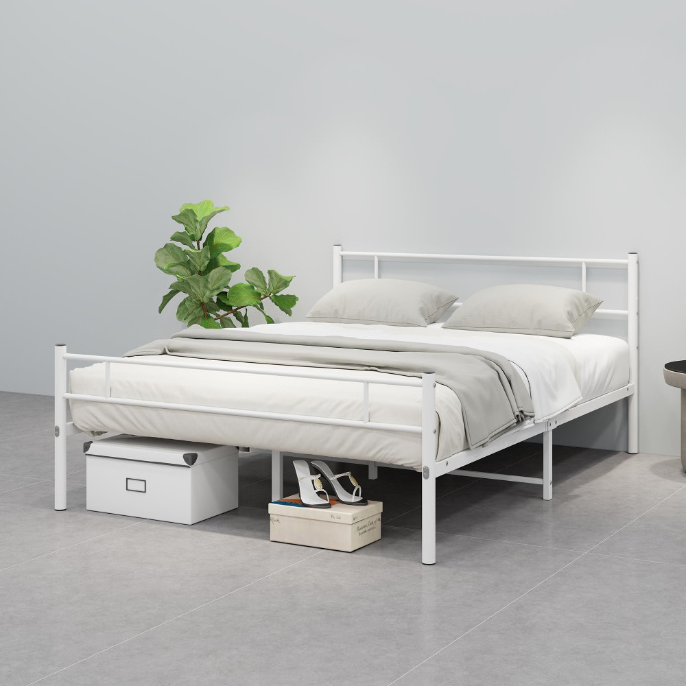 Queen-size Metal Platform Bed Frame in white powder-paint finish