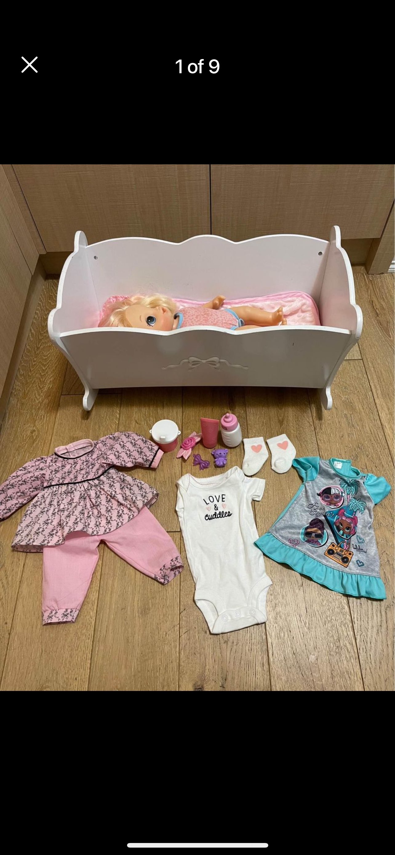 ALIVE DOLL, BED/CRADLE, PLAY-MAT, CHAIR, CLOTHS, ACCESSORIES.