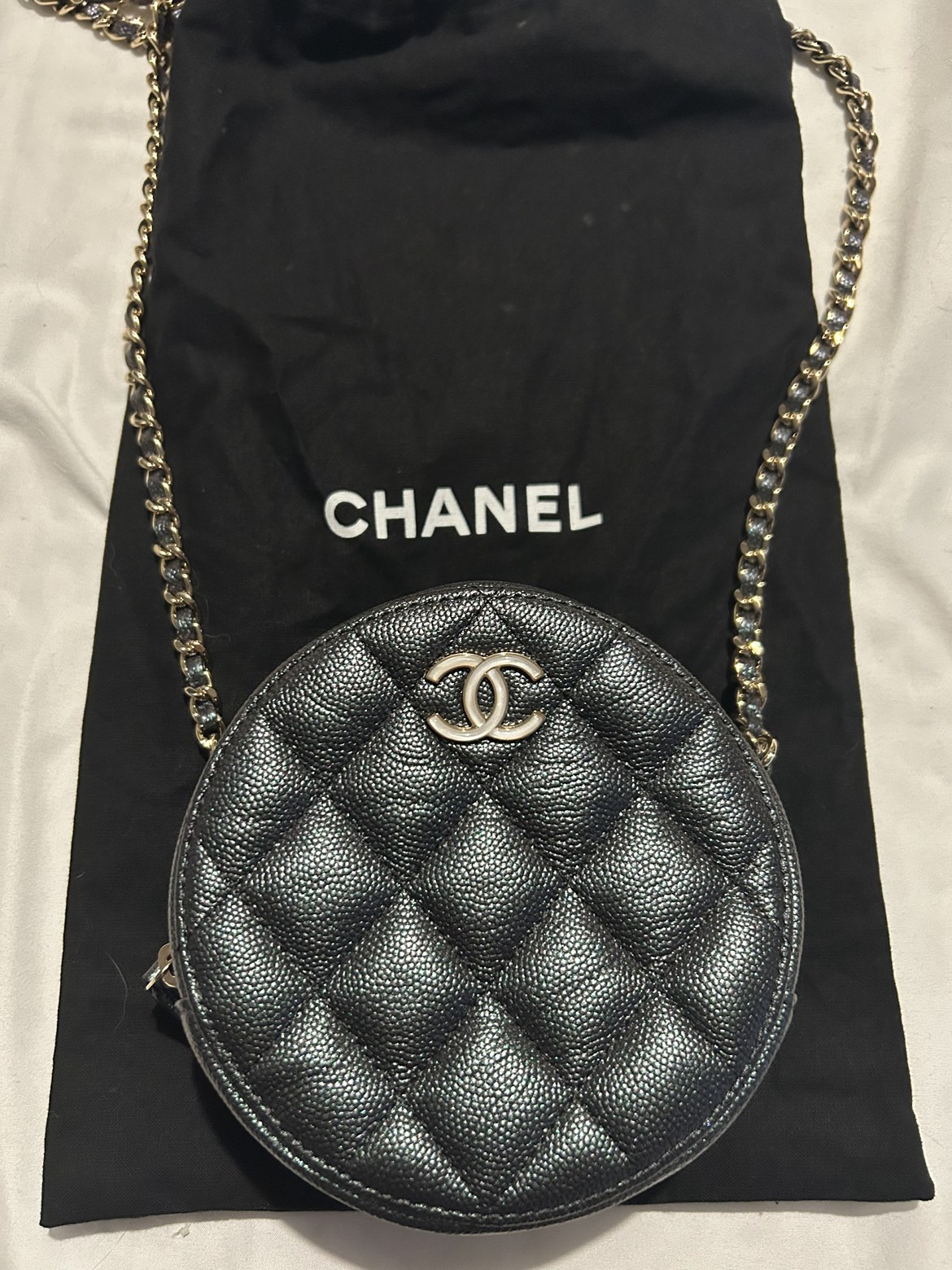 AUTHENTIC CHANEL Caviar Round Clutch w/ Chain