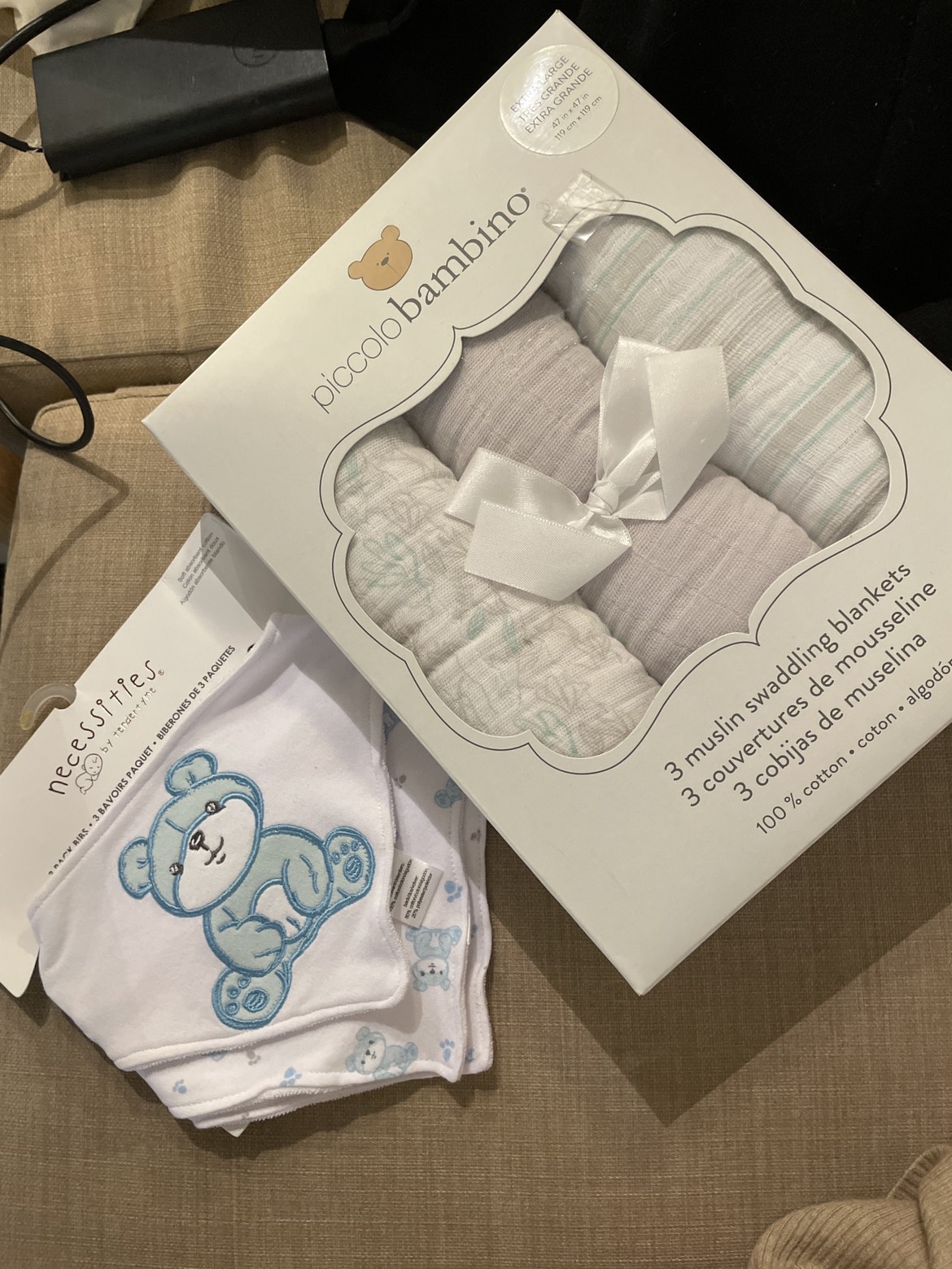 NEW swaddling large blankets and bibs