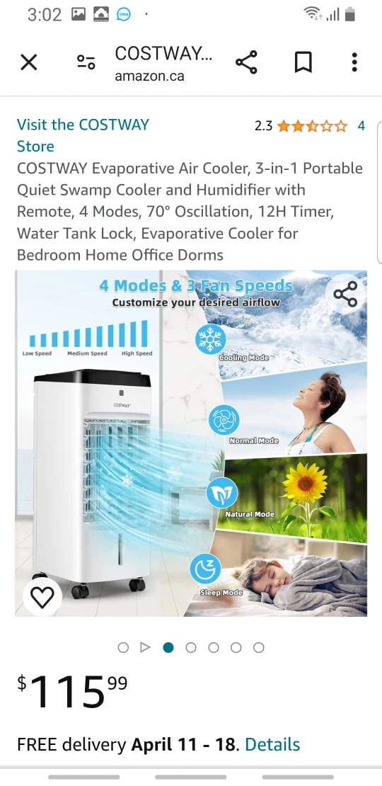 COSTWAY 3 in 1 Evaporative air cooler with fan and humidifier thumbnail