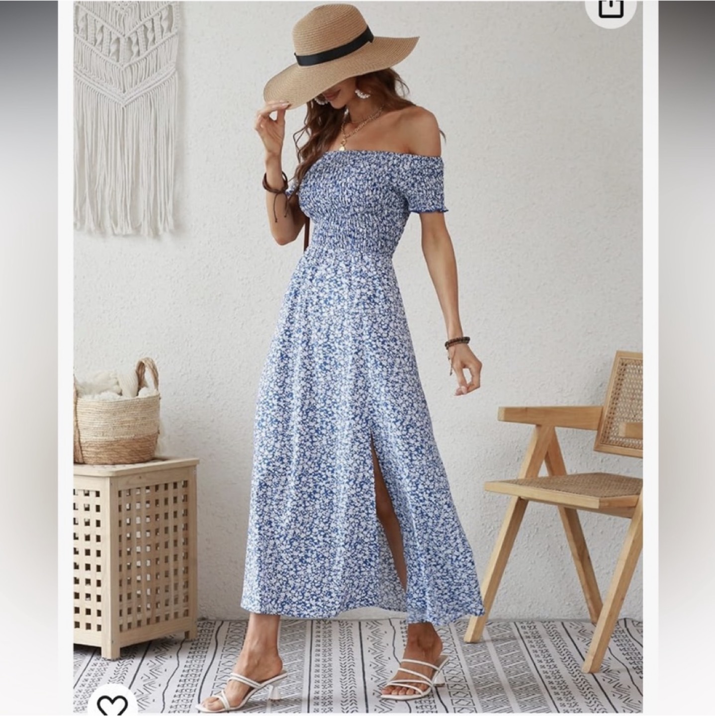 Blue floral off-the-shoulder summer dress image indicator(2)
