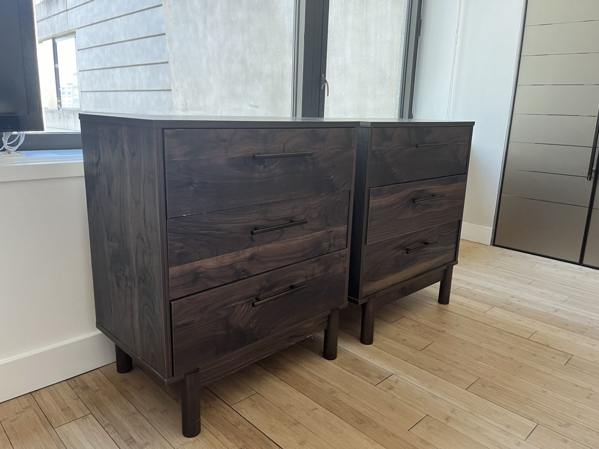 Three Drawer Chest, Dark Brown Dressers, Set of Bed Side Tables