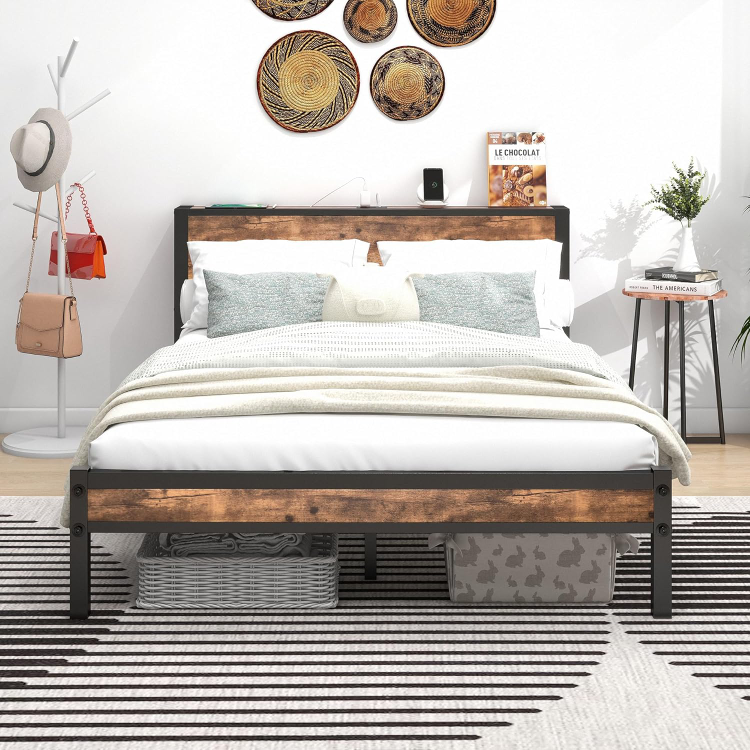 New Queen Bed Frame with Wood Headboard and Charging Station