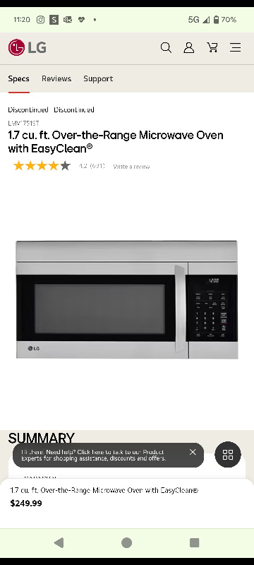 New LG 1.7 cu ft Over the range microwave oven with Easy Clean