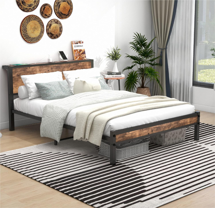 New Queen Bed Frame with Wood Headboard and Charging Station - photo 3