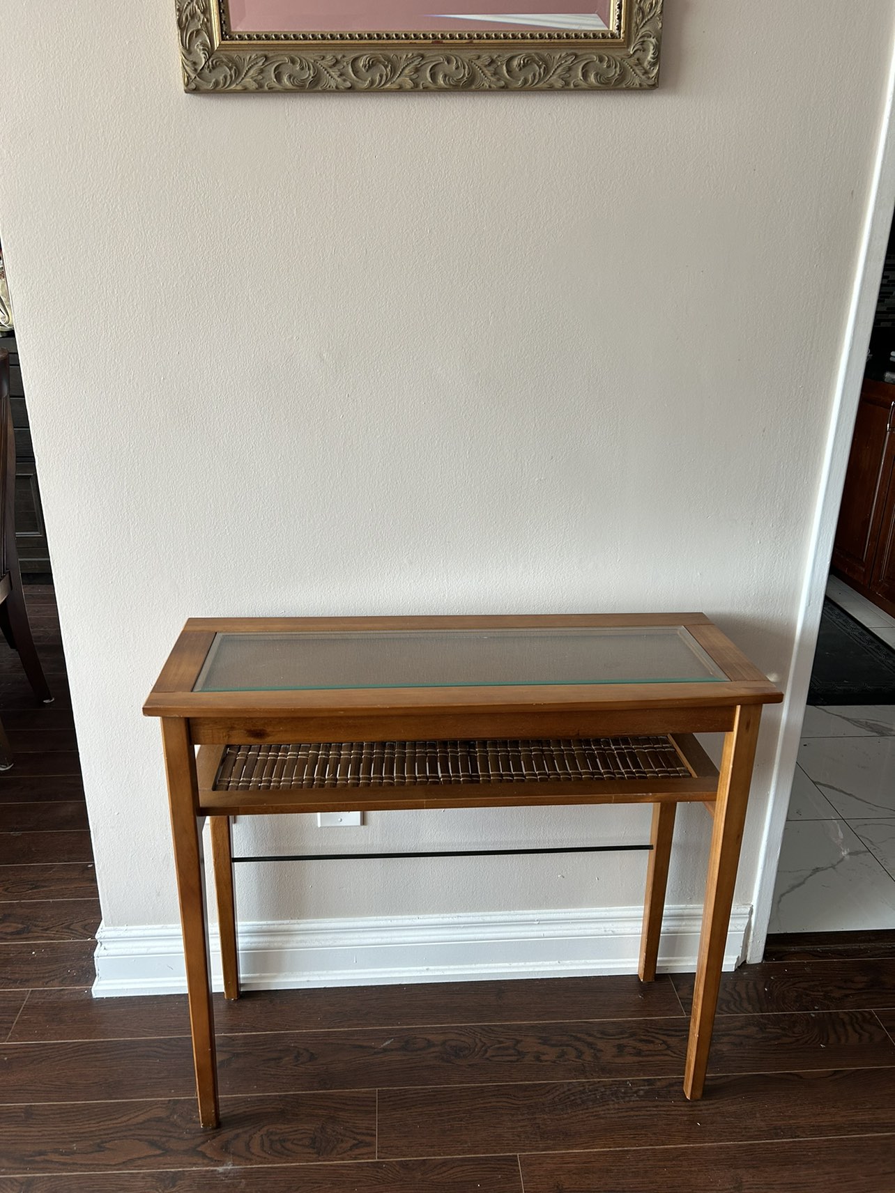 Entrance table, wood and glass