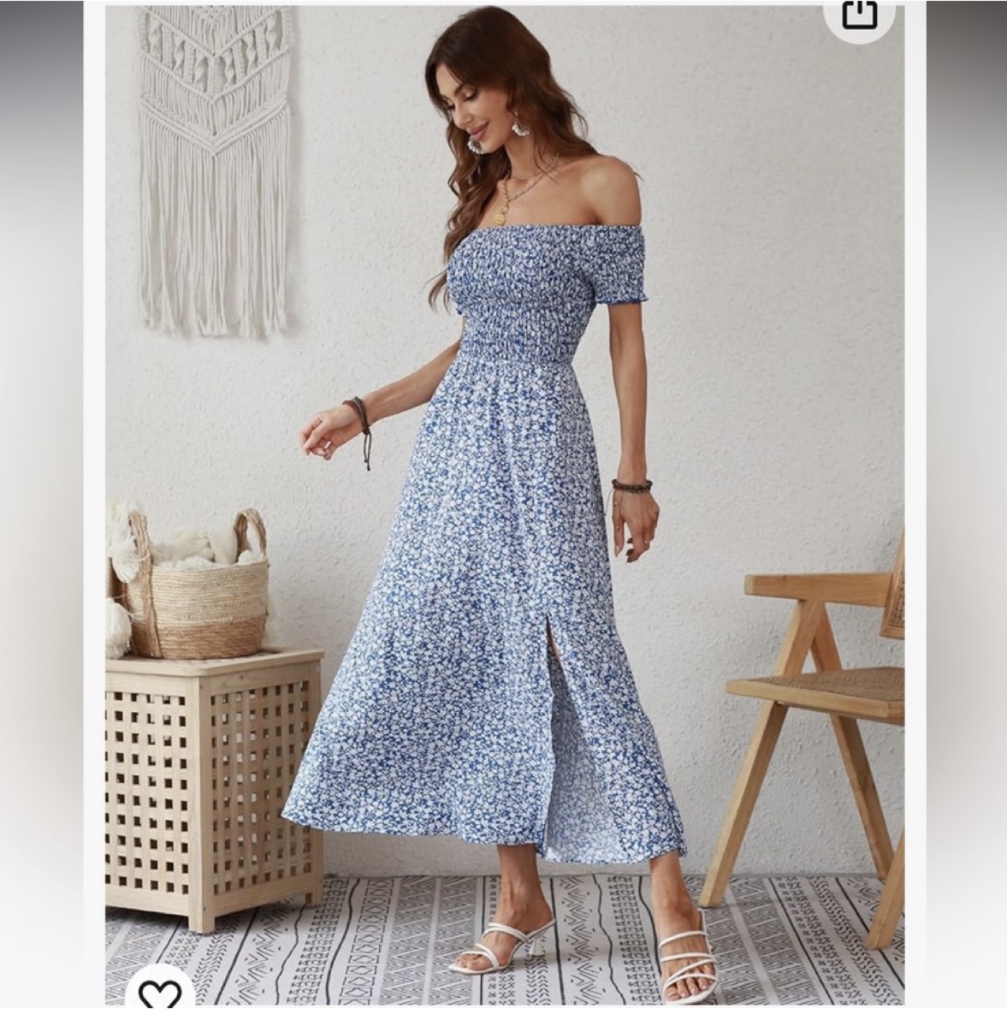 Blue floral off-the-shoulder summer dress image indicator(3)