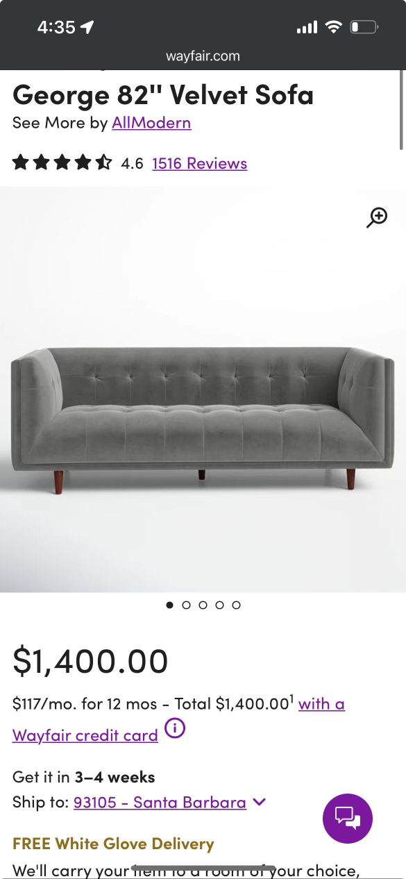 gray velvet couch - photo 3