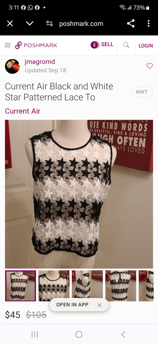 NEW *Current Air* Black & White Star Patterned Lace TOP. #S image indicator(2)