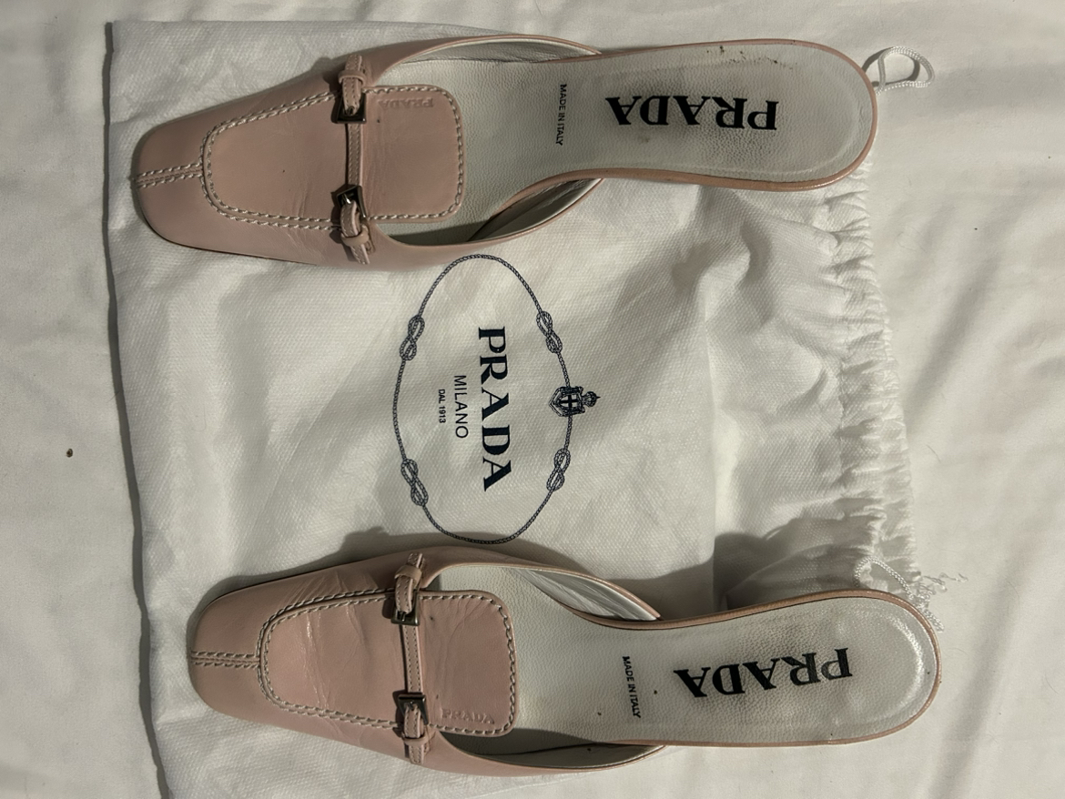 Prada Leather Slip-on Kitten Heels w/ Silver Buckle Detail - photo 4