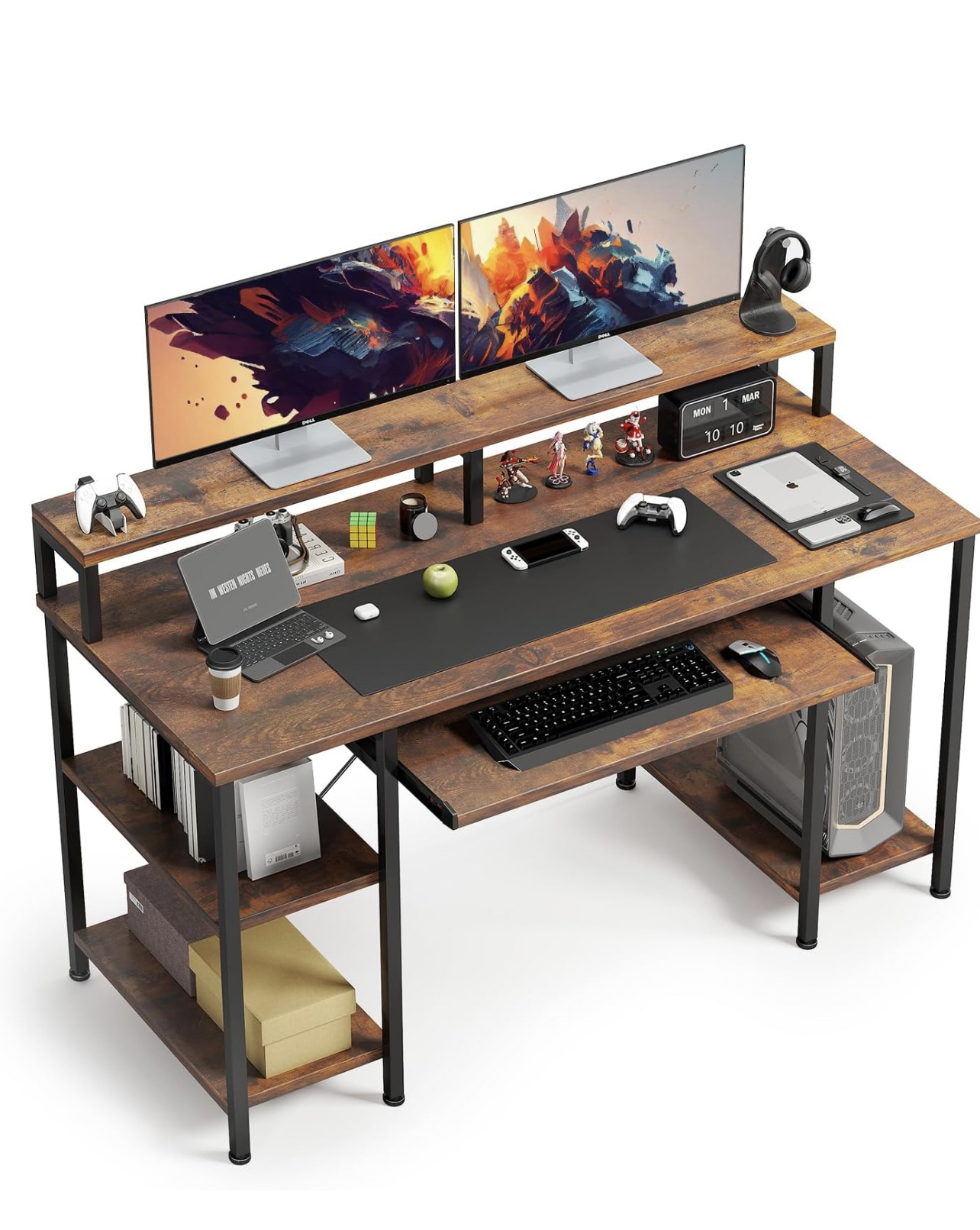 Vintage Brown Desk with Keyboard Trey & Monitor Stand - photo 2