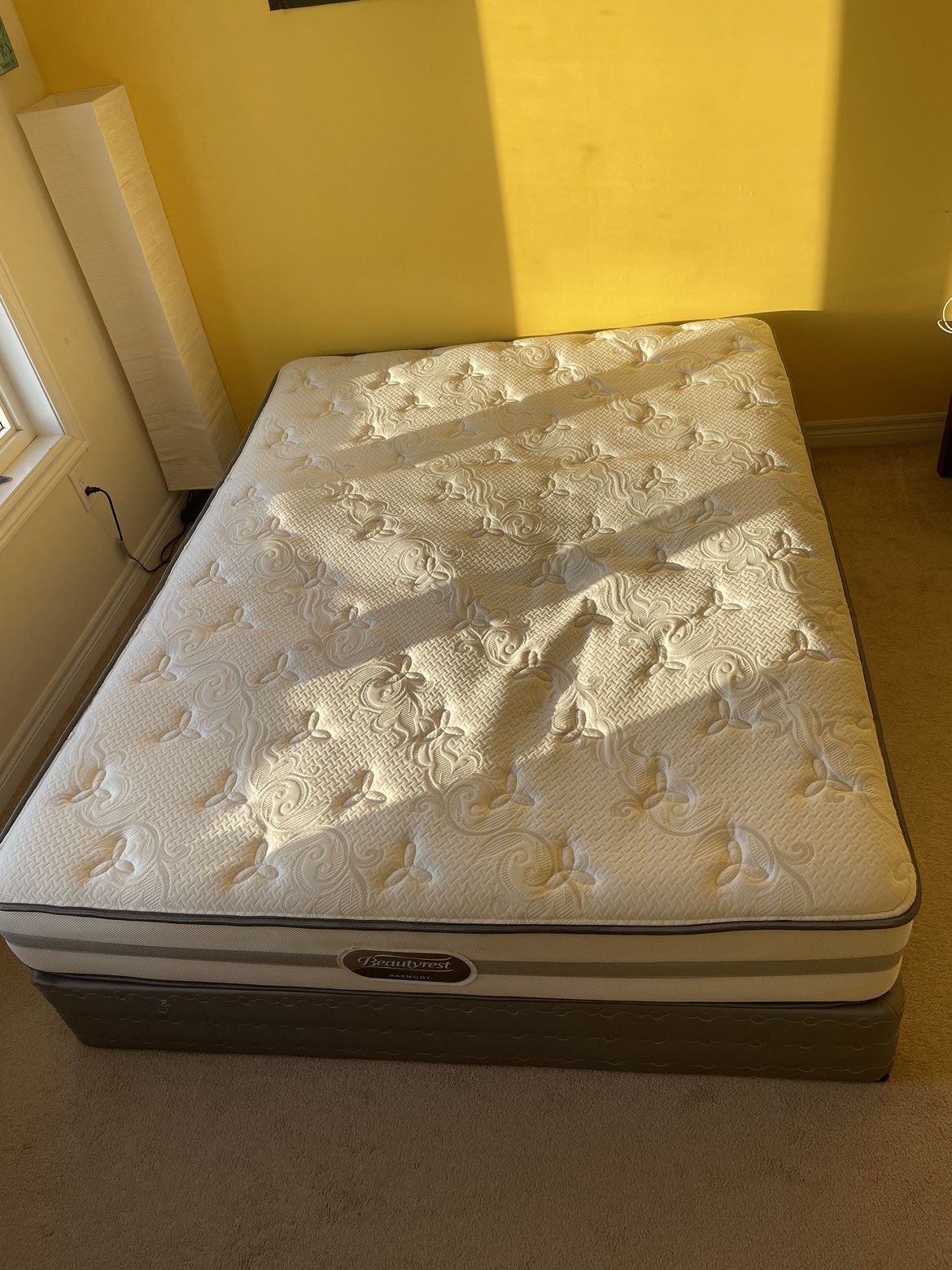 Queen size mattress with mattress protector and box spring