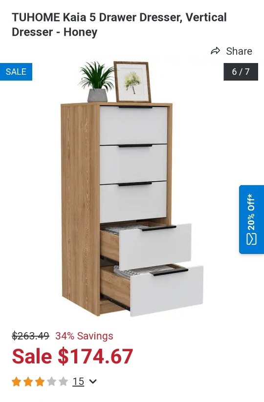 5-Drawer Tall Dresser, White & Natural Wood