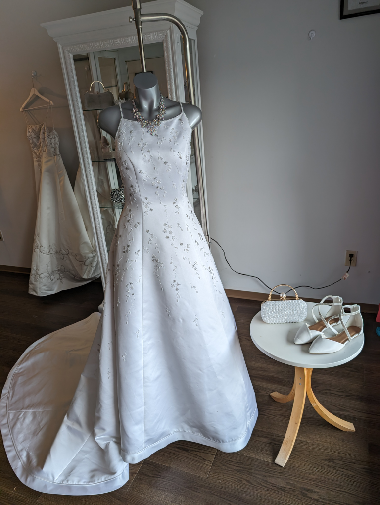 Women's wedding dress all white with silver and white  beads