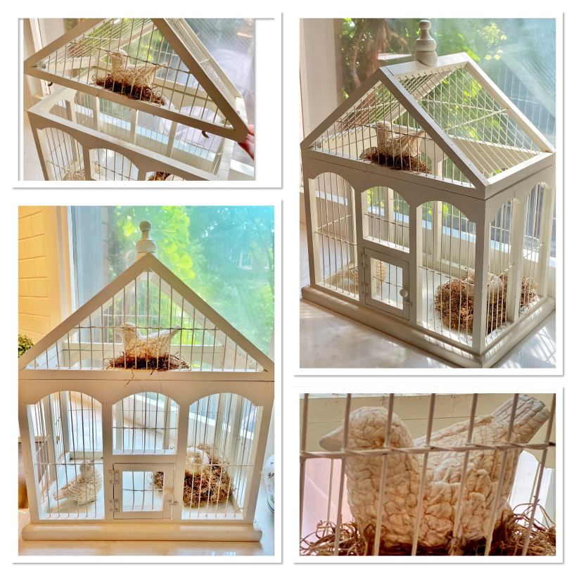 Super cute large birdcage w/ 3 ceramic antiqued birds & nest. image indicator(2)