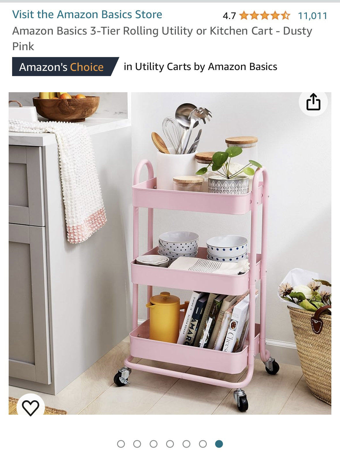 Amazon Basics 3-Tier Rolling Utility/Kitchen Cart - Dusty Pink - photo 2