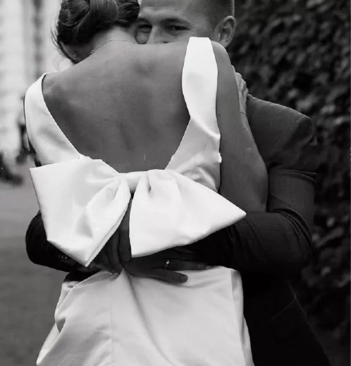 short satin Bridal Gown Wedding dress with big bow image indicator(2)