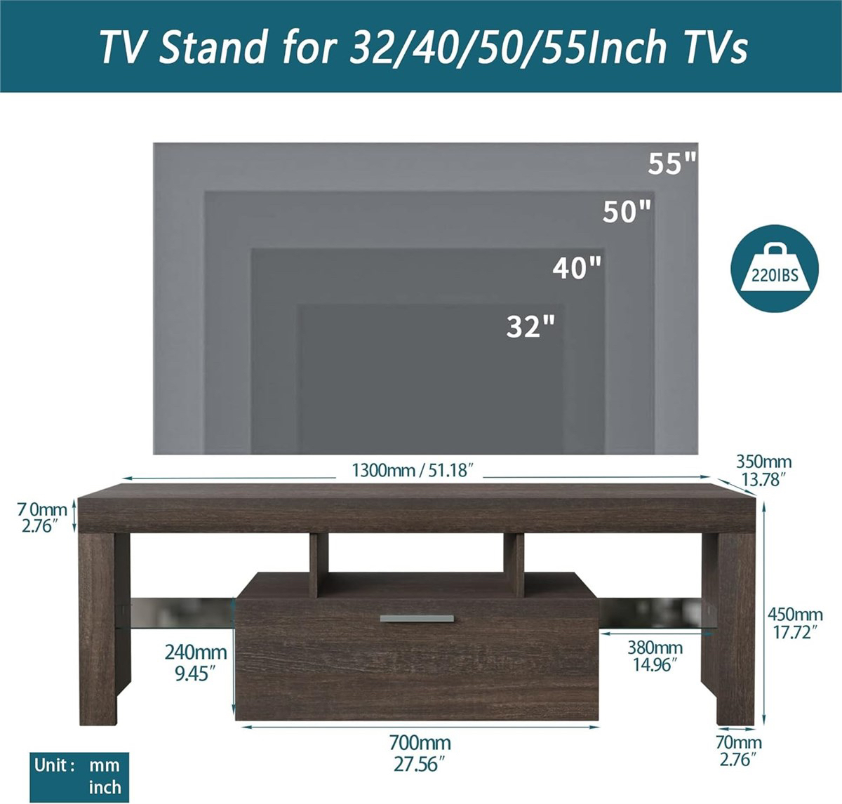 Modern Brown LED TV Stand with Storage Drawer - photo 3
