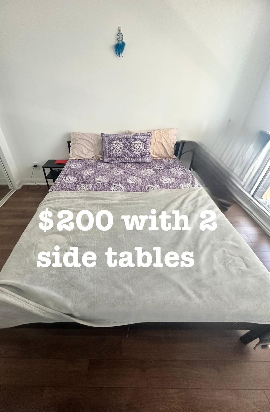 Metal frame bed with 2 side tables