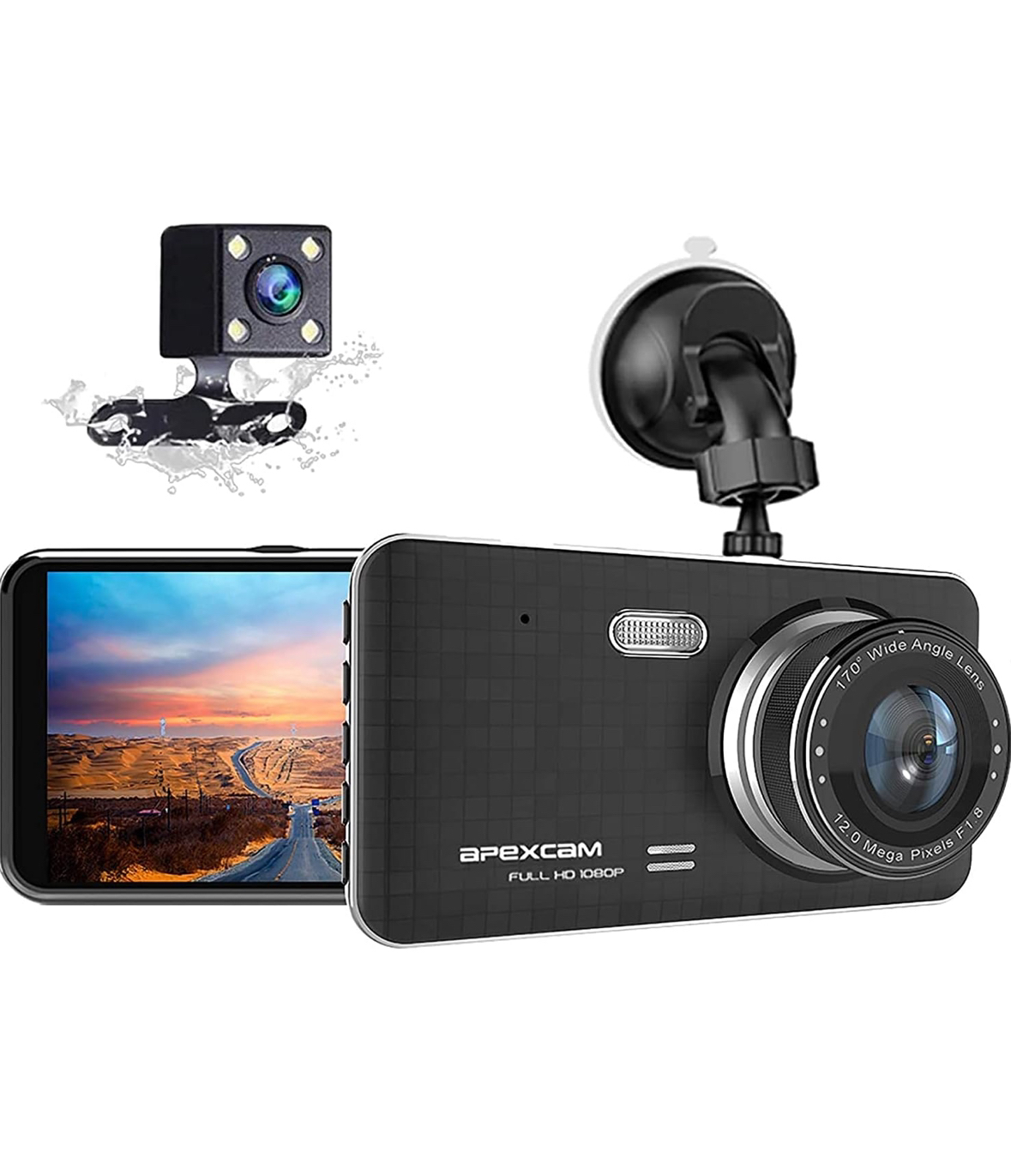 Apexcam Dash Cam 1080P FHD Front and Waterproof Rear